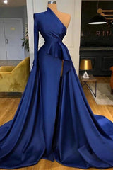 Royal Blue Long Sleeves One Shoulder A-line Split Prom Dresses-BMbride.com