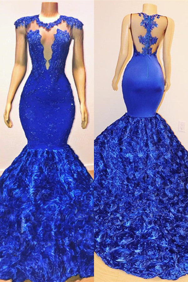 Royal Blue Mermaid Sexy Flowers Sleeveless Sheer Evening Dress-BMbride.com