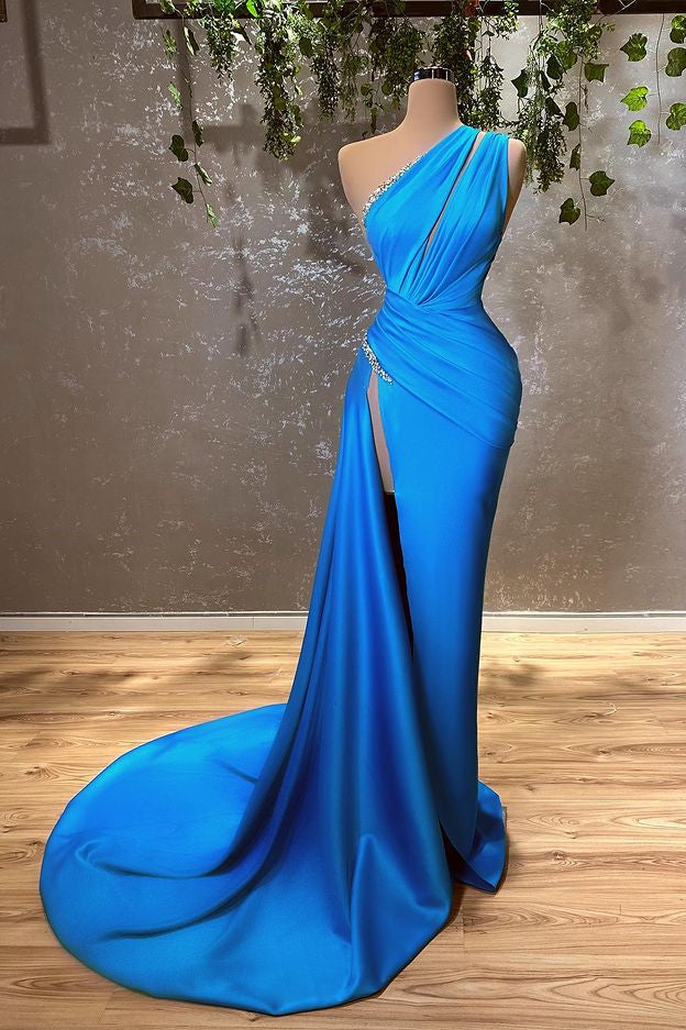 Sexy Blue One Shoulder Split Mermaid Prom Dress With Beads-BMbride.com