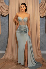 Sexy Long Blue Slit Glitter Mermaid Prom Dresses with Ruffles-BMbride.com