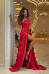 Sexy Off Shoulder Red Satin Evening Dress with Side Split Floor Length Party Dress-BMbride.com