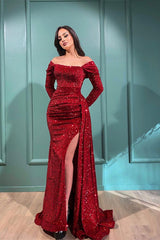 Sexy Off The Shoulder Front-Split Prom Dresses With Long Sleeves-BMbride.com