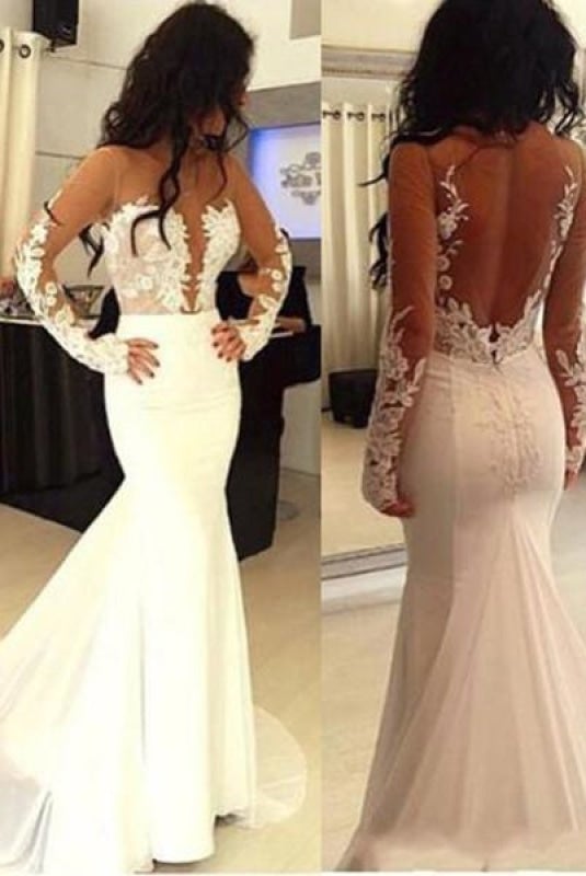 Sexy Pretty Mermaid Hot Sale Open Back Long Sleeve Elegant Wedding Dresses