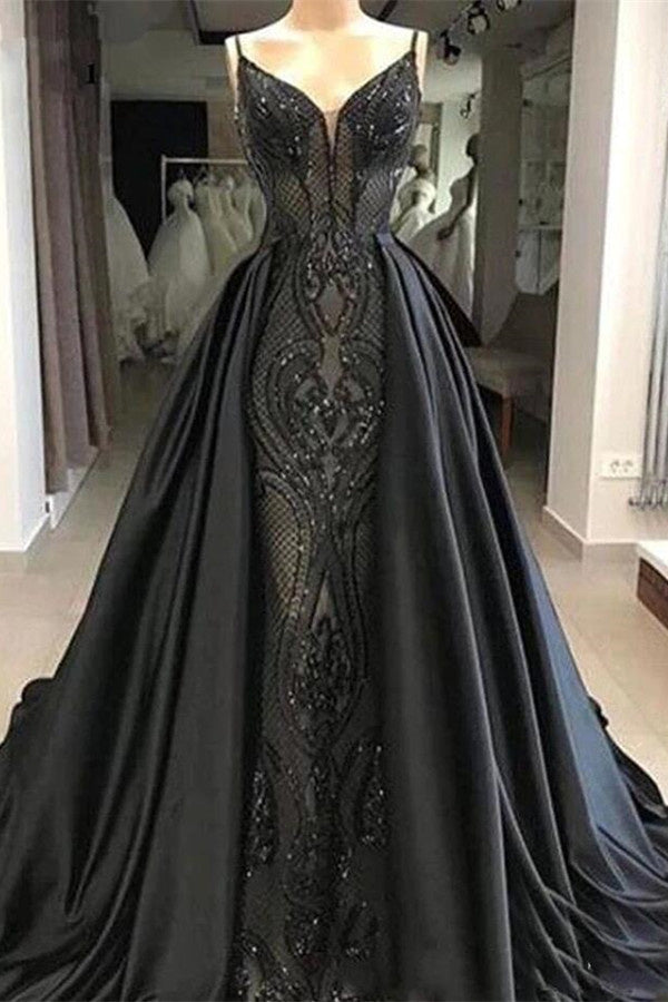 Sleeveless Black Evening Gowns with Lace Charming Mermaid Sweep Train-BMbride.com