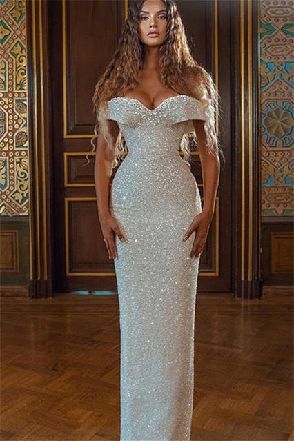 Sparkle White Off-the-shoulder Sequined Column Prom Dress-BMbride.com