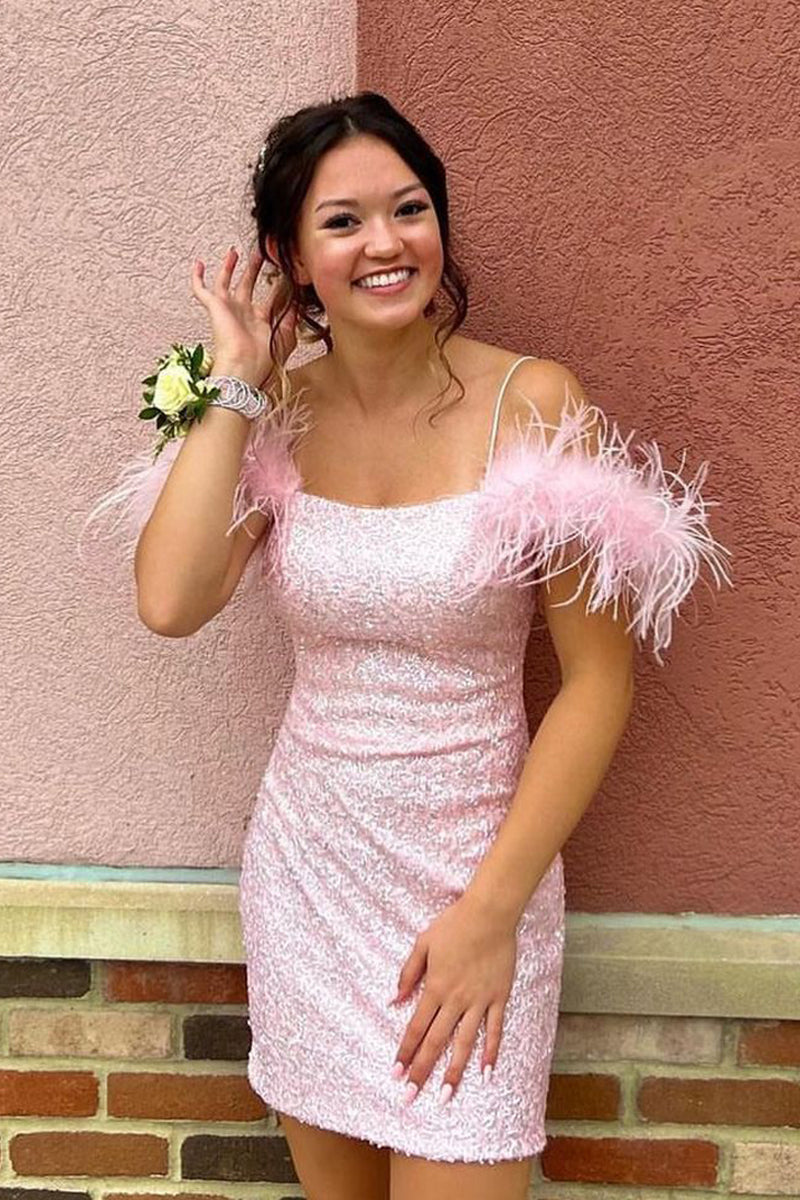 Scoop Neck Light Pink Sparkly Sequin Short Homecoming Dress with Feathers BM bride