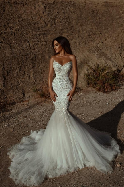 Stunning Sweetheart Beading Mermaid Wedding Gown Sleeveless Tulle Bridal Dress-BMbride.com