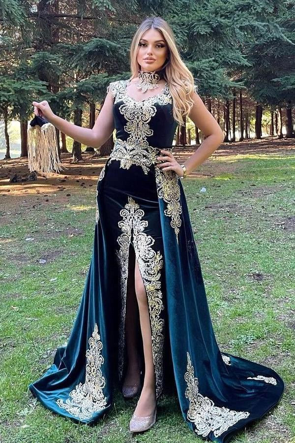 Stunning Velvet Evening Gown Sleeveless Gold Appliques Formal Dress with Detachable Train Side Slit-BMbride.com