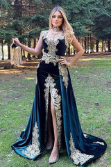 Stunning Velvet Evening Gown Sleeveless Gold Appliques Formal Dress with Detachable Train Side Slit-BMbride.com