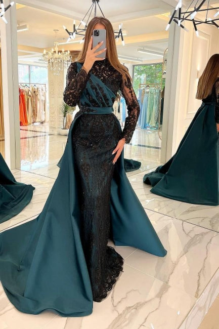 Turkish Mermaid High Neck Long Sleeves Evening Dresses With Black Lace-BMbride.com