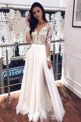 V-neck Appliques Long Sleeve A-line Wedding Dresses | Side Split Pleated Tulle Bridal Gowns-BMbride.com