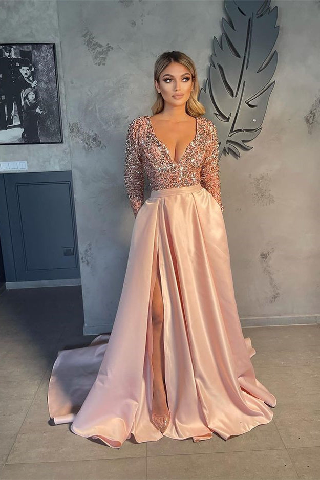 V-neck Evening Gowns For Women A-Line Split Prom Dress-BMbride.com