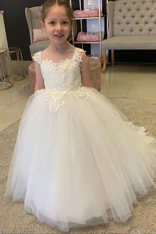 White Lovely Flower Girl Dress Tulle With Lace Appliques-BMbride.com