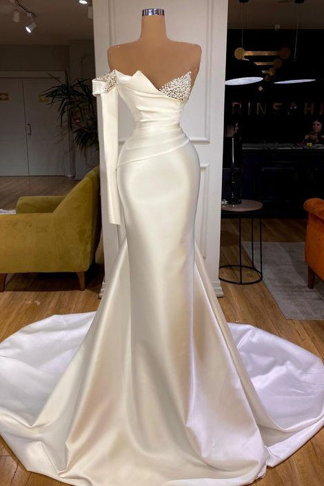 White Satin One Shoulder Long Mermaid Prom Dresses-BMbride.com