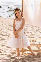 White Short Sleeveless A-line Straps Flower Girls Dress With Lace-BMbride.com