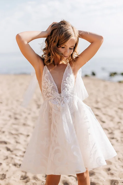 White Short Sleeveless Ball Gown Flower Girls Dress With Lace-BMbride.com