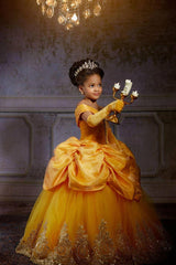 Yellow Princess Girl Dress With Lace Off-the-Shoulder Velvet Tulle Pegant Dress for Kids-BMbride.com