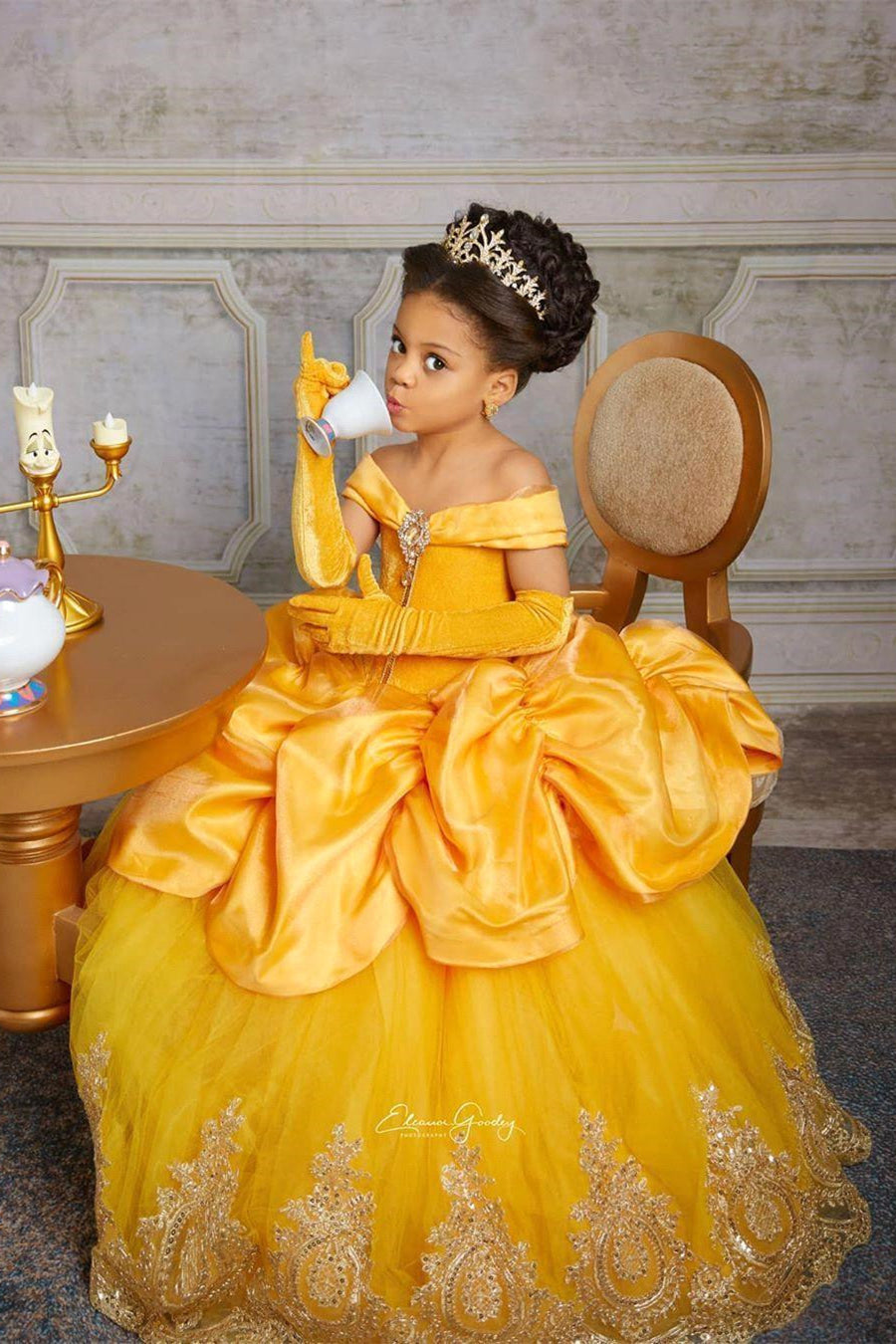 Yellow Princess Girl Dress With Lace Off-the-Shoulder Velvet Tulle Pegant Dress for Kids-BMbride.com